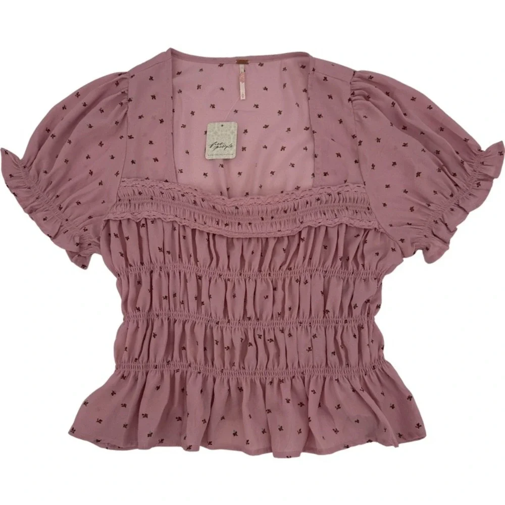 FREE‎ PEOPLE NWT Small Adore You Blouse Mauve Pink Floral Cottagecore Peplum Top
